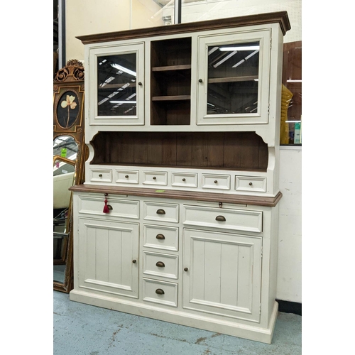 555 - DRESSER, 155cm x 45cm x 206cm H, in a distressed painted finish.