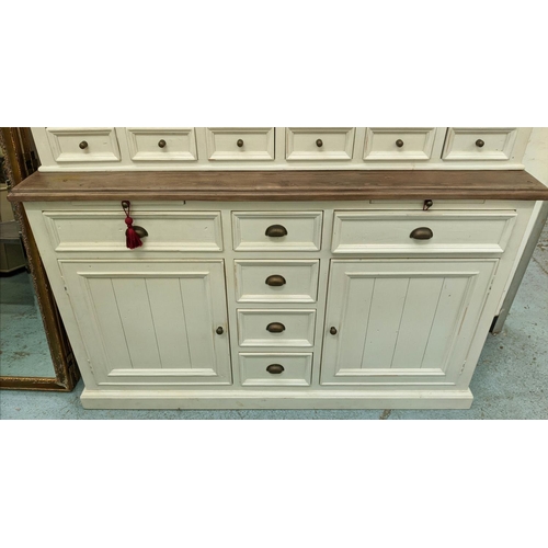 555 - DRESSER, 155cm x 45cm x 206cm H, in a distressed painted finish.