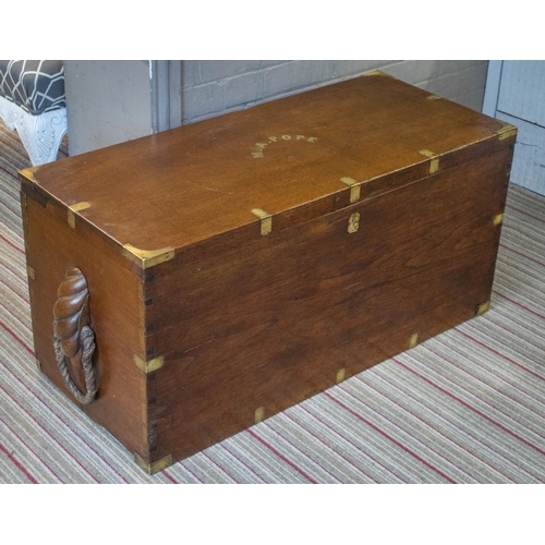 119 - TRUNK, 46cm H x 96cm W x 42cm D, late 19th century teak and brass bound with rope handles, named M. ... 