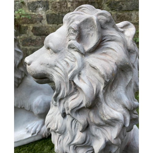 588 - GARDEN LIONS, a pair, stone effect, 63cm H. (2)