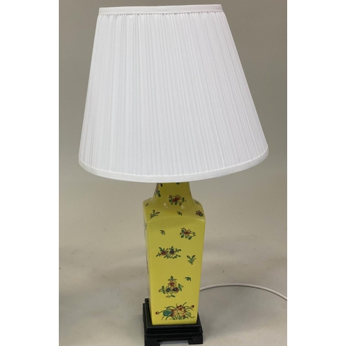 591 - TABLE LAMPS, a pair, Chinese ceramic yellow ground vase form with shades, 60cm H. (2)