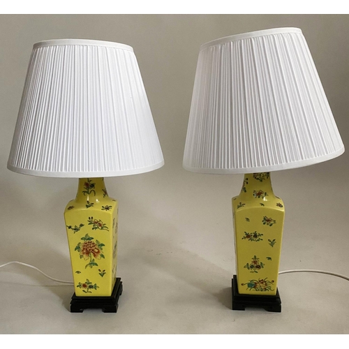 591 - TABLE LAMPS, a pair, Chinese ceramic yellow ground vase form with shades, 60cm H. (2)