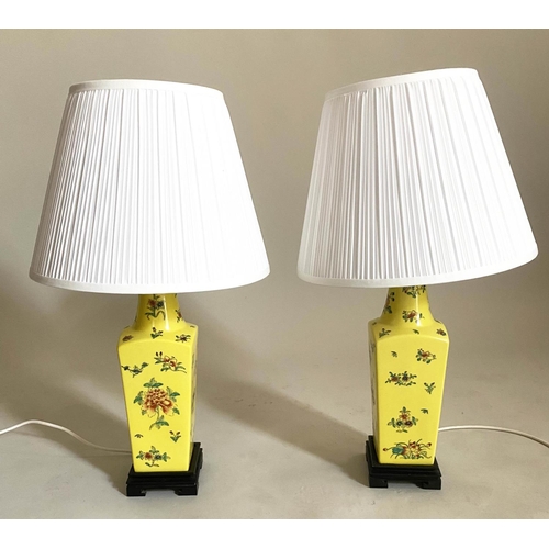 591 - TABLE LAMPS, a pair, Chinese ceramic yellow ground vase form with shades, 60cm H. (2)