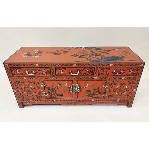 579 - LOW CHINESE SIDE CABINET, early 20th century, scarlet lacquered, with incised decoration, two cupboa... 