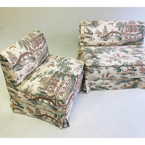 581 - BANQUETTES, two, with Chinese style upholstery larger, 98cm, smaller 68cm. (2)