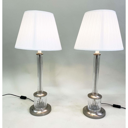 583 - TABLE LAMPS, a pair, fluted glass columns with incised barrel plinths and pleated shades, 74cm H. (2... 