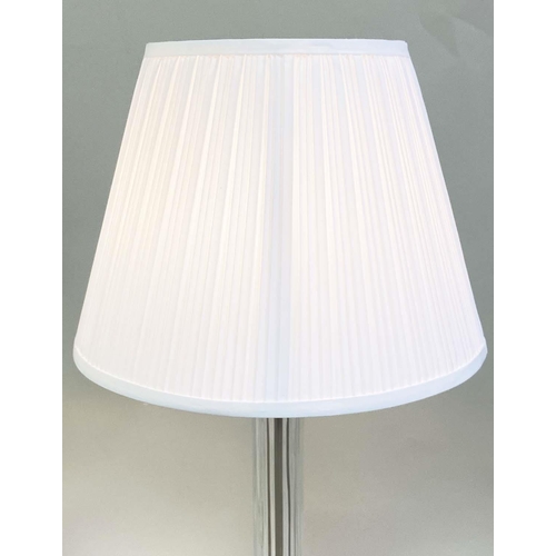 583 - TABLE LAMPS, a pair, fluted glass columns with incised barrel plinths and pleated shades, 74cm H. (2... 