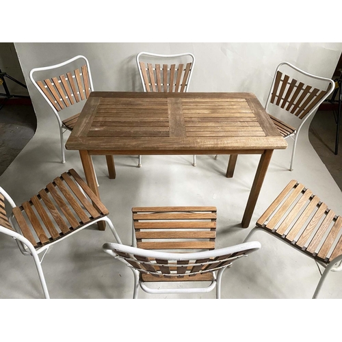 584 - GARDEN SET, teak slatted, the rectangular table by Alexander Rose, 110cm x 65cm x 70cm H, the chairs... 