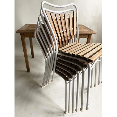 584 - GARDEN SET, teak slatted, the rectangular table by Alexander Rose, 110cm x 65cm x 70cm H, the chairs... 