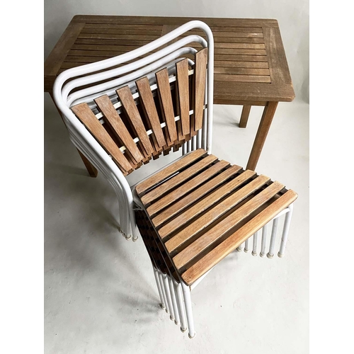 584 - GARDEN SET, teak slatted, the rectangular table by Alexander Rose, 110cm x 65cm x 70cm H, the chairs... 