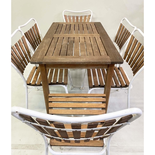 584 - GARDEN SET, teak slatted, the rectangular table by Alexander Rose, 110cm x 65cm x 70cm H, the chairs... 