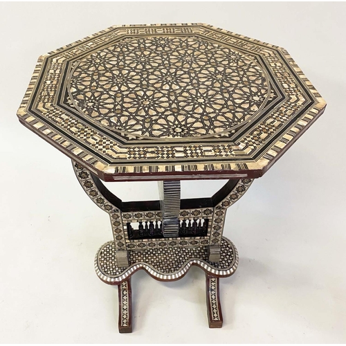 585 - SYRIAN LAMP TABLE, octagonal Damascus ware, mother of pearl inlaid with folding top, 50cm W x 66cm H... 