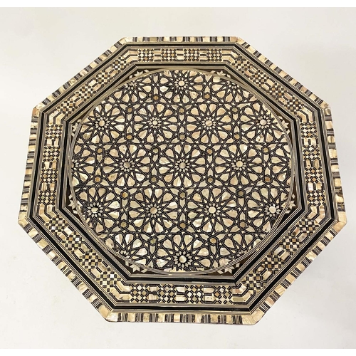 585 - SYRIAN LAMP TABLE, octagonal Damascus ware, mother of pearl inlaid with folding top, 50cm W x 66cm H... 