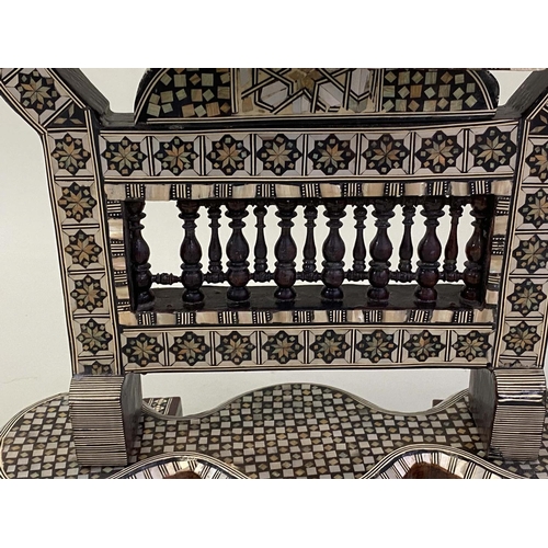 585 - SYRIAN LAMP TABLE, octagonal Damascus ware, mother of pearl inlaid with folding top, 50cm W x 66cm H... 