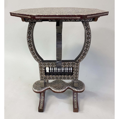 585 - SYRIAN LAMP TABLE, octagonal Damascus ware, mother of pearl inlaid with folding top, 50cm W x 66cm H... 