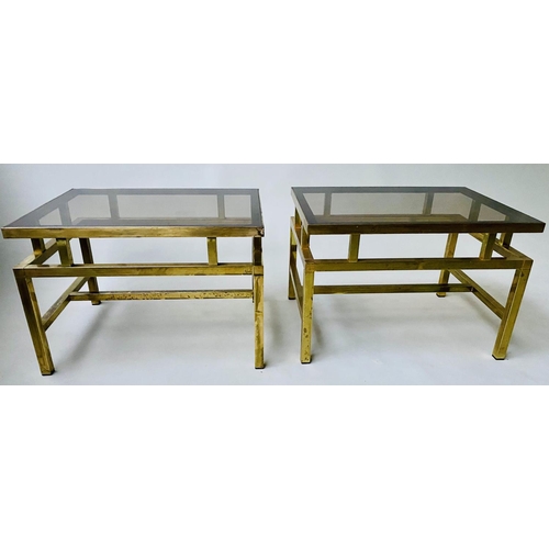 568 - OCCASIONAL TABLES, a pair, 61cm x 43cm x 41cm H, 1970's square stepped gilt metal framed and glazed.... 