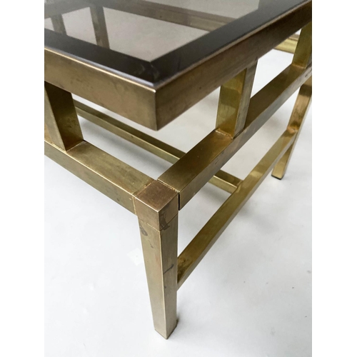 568 - OCCASIONAL TABLES, a pair, 61cm x 43cm x 41cm H, 1970's square stepped gilt metal framed and glazed.... 