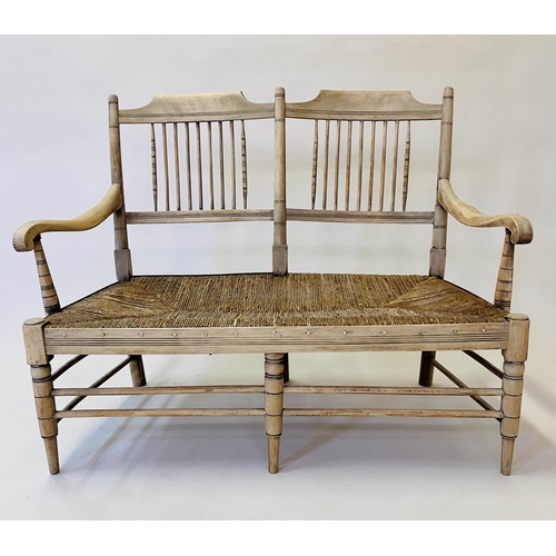 570 - HALL BENCH, late 19th century American style, beechwood and fruitwood framed with rail back and rush... 