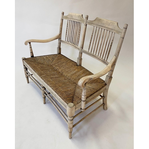 570 - HALL BENCH, late 19th century American style, beechwood and fruitwood framed with rail back and rush... 