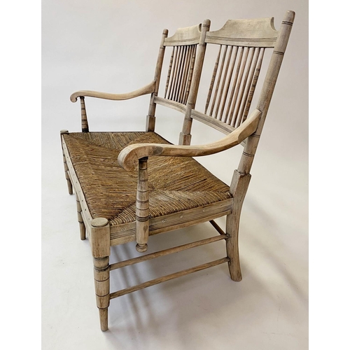 570 - HALL BENCH, late 19th century American style, beechwood and fruitwood framed with rail back and rush... 