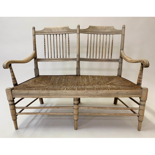 570 - HALL BENCH, late 19th century American style, beechwood and fruitwood framed with rail back and rush... 