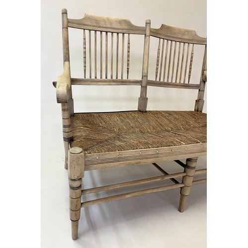 570 - HALL BENCH, late 19th century American style, beechwood and fruitwood framed with rail back and rush... 