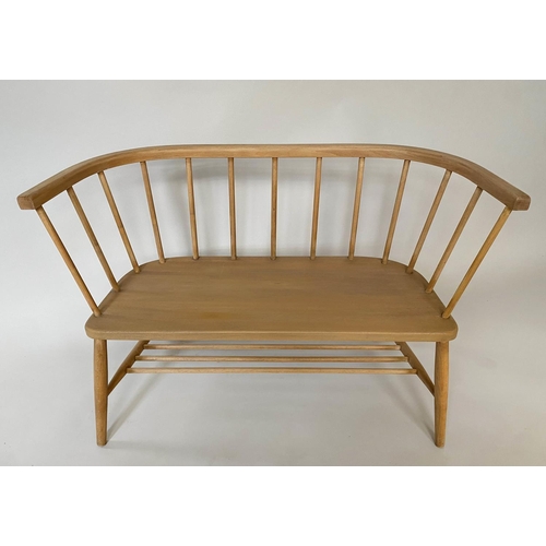 572 - HALL SEAT, vintage 1970's, beech and elm Ercol style with enclosed rail back, 104cm W.