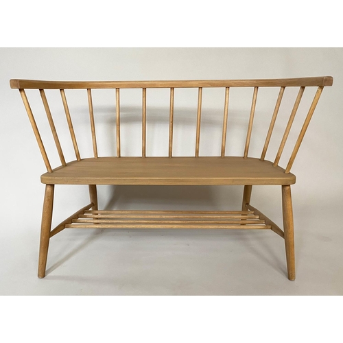 572 - HALL SEAT, vintage 1970's, beech and elm Ercol style with enclosed rail back, 104cm W.