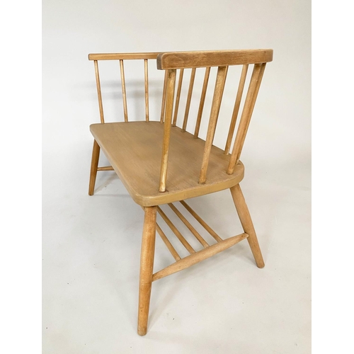 572 - HALL SEAT, vintage 1970's, beech and elm Ercol style with enclosed rail back, 104cm W.