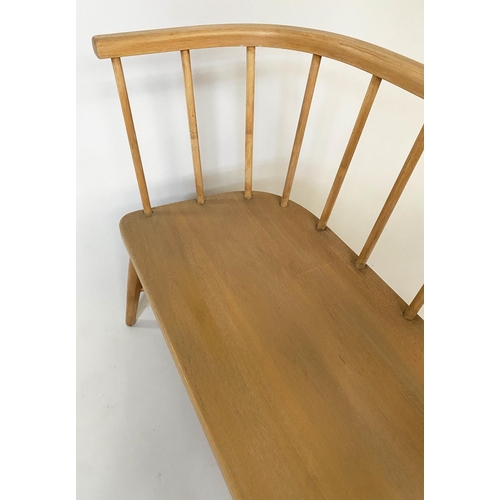 572 - HALL SEAT, vintage 1970's, beech and elm Ercol style with enclosed rail back, 104cm W.