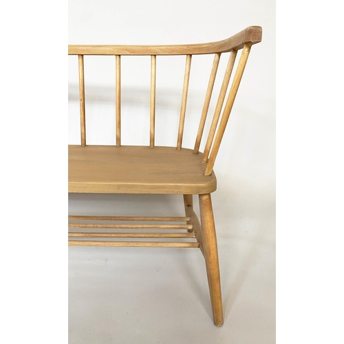 572 - HALL SEAT, vintage 1970's, beech and elm Ercol style with enclosed rail back, 104cm W.