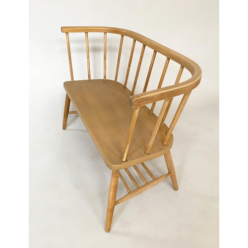 572 - HALL SEAT, vintage 1970's, beech and elm Ercol style with enclosed rail back, 104cm W.