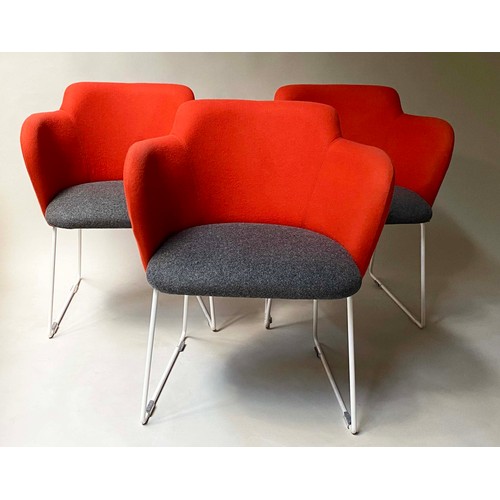 563 - GRESHAM CHAIRS, a set of three, orange and grey felt seats, 80cm H. (3)