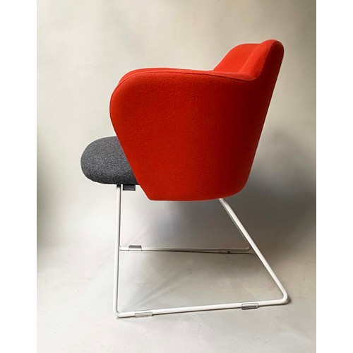 563 - GRESHAM CHAIRS, a set of three, orange and grey felt seats, 80cm H. (3)