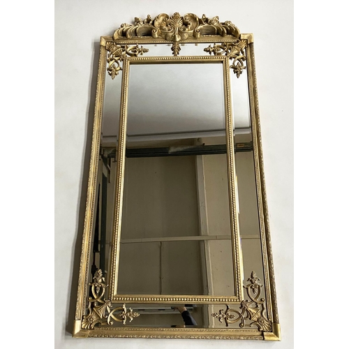 573 - WALL MIRROR, French style, giltwood with bevelled mirror, beaded and marginal plates with crest, 91c... 