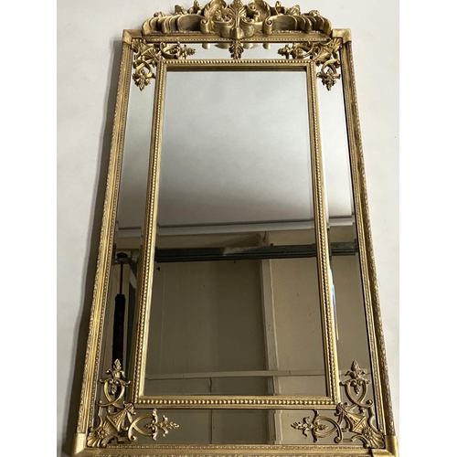 573 - WALL MIRROR, French style, giltwood with bevelled mirror, beaded and marginal plates with crest, 91c... 