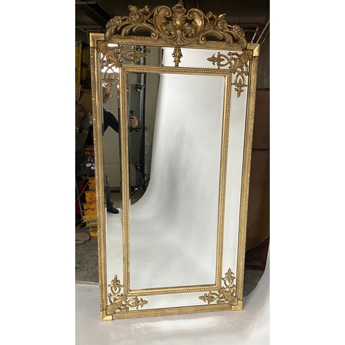 573 - WALL MIRROR, French style, giltwood with bevelled mirror, beaded and marginal plates with crest, 91c... 