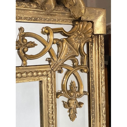 573 - WALL MIRROR, French style, giltwood with bevelled mirror, beaded and marginal plates with crest, 91c... 