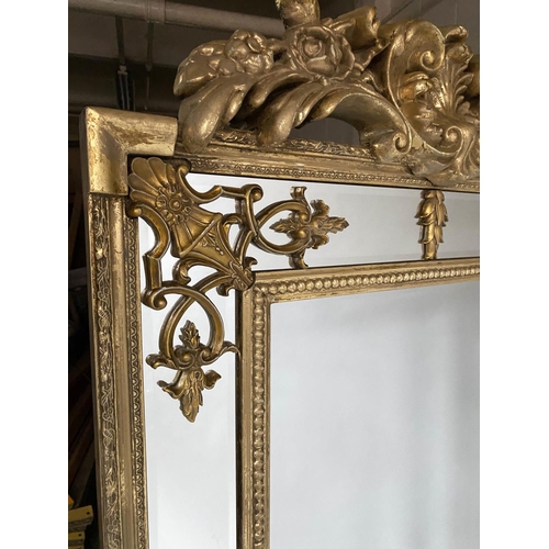 573 - WALL MIRROR, French style, giltwood with bevelled mirror, beaded and marginal plates with crest, 91c... 