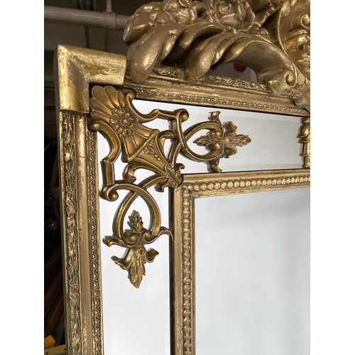 573 - WALL MIRROR, French style, giltwood with bevelled mirror, beaded and marginal plates with crest, 91c... 