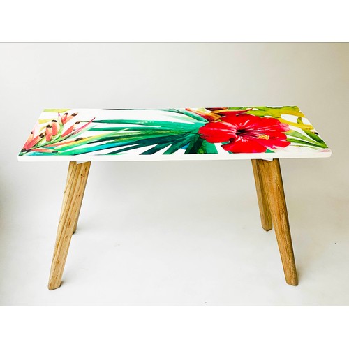 564 - CONSOLE BAR TABLE, 120cm x 40cm x 81cm, tropical print top.