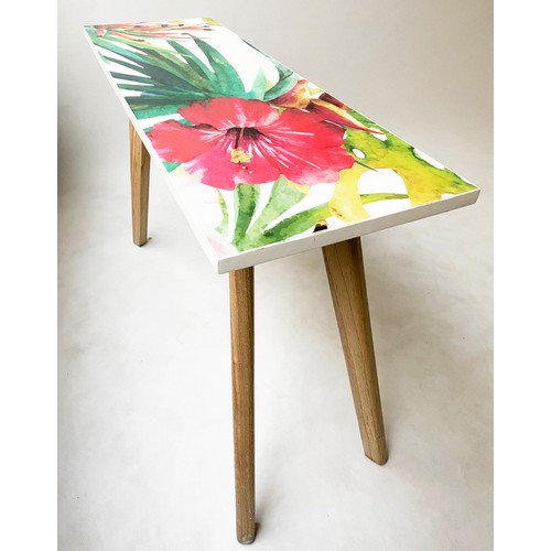 564 - CONSOLE BAR TABLE, 120cm x 40cm x 81cm, tropical print top.