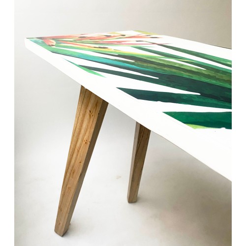 564 - CONSOLE BAR TABLE, 120cm x 40cm x 81cm, tropical print top.