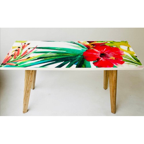 564 - CONSOLE BAR TABLE, 120cm x 40cm x 81cm, tropical print top.