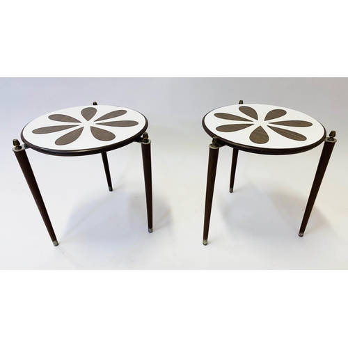 574 - PETAL OCCASIONAL TABLES, a pair, circa 1960, laminated coffee brown petal design top, each on three ... 