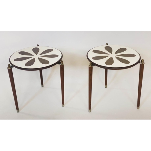 574 - PETAL OCCASIONAL TABLES, a pair, circa 1960, laminated coffee brown petal design top, each on three ... 