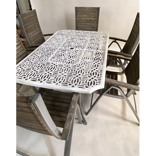 575 - GARDEN TABLE AND CHAIRS, pierced cast aluminium top, with six folding metal framed and teak slatted ... 