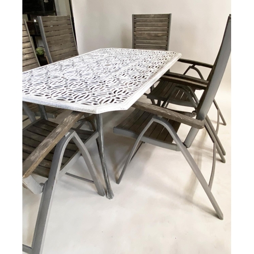 575 - GARDEN TABLE AND CHAIRS, pierced cast aluminium top, with six folding metal framed and teak slatted ... 