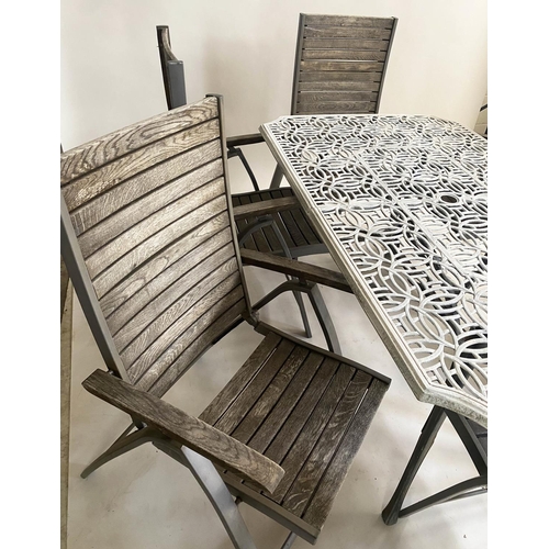 575 - GARDEN TABLE AND CHAIRS, pierced cast aluminium top, with six folding metal framed and teak slatted ... 