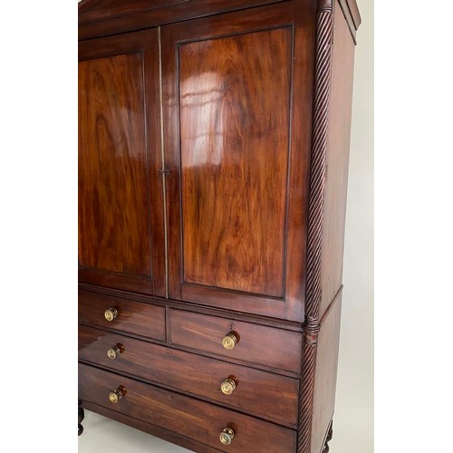 577 - LINEN PRESS, Regency mahogany, with arched cornice, spiral columns, three sliding trays, two doors a... 